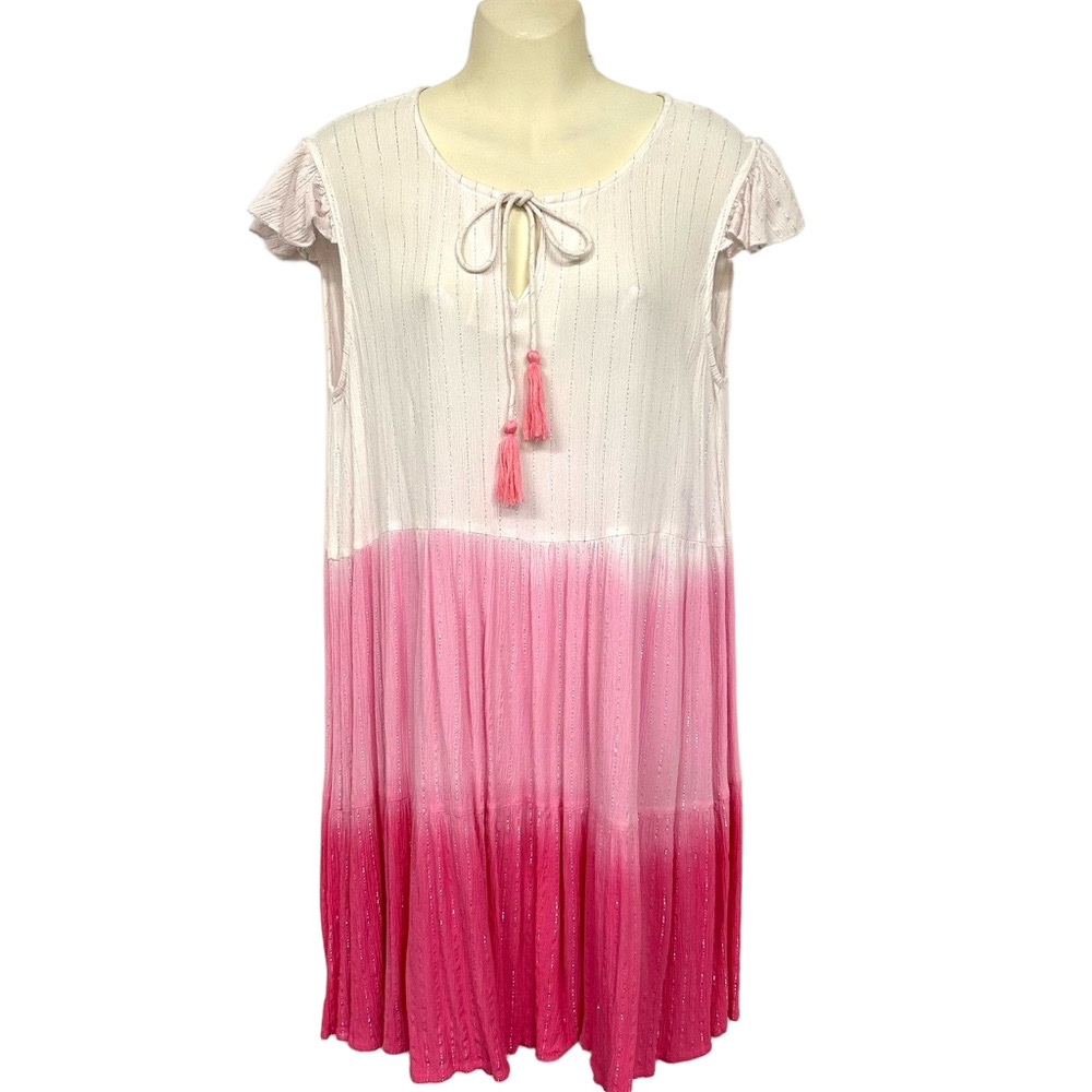 Charlie Paige ombrรฉ beach dress Medium white pink silver metallic tiered Resort